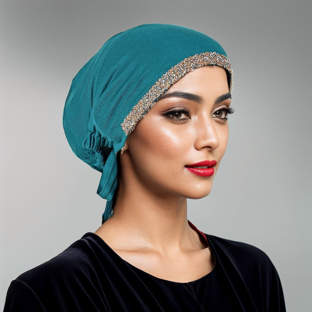 Luxury Mercerized Cotton Hijab Cap Crystal-Embellished Elastic Lace-Up Undercap with Breathable Design (MH115)