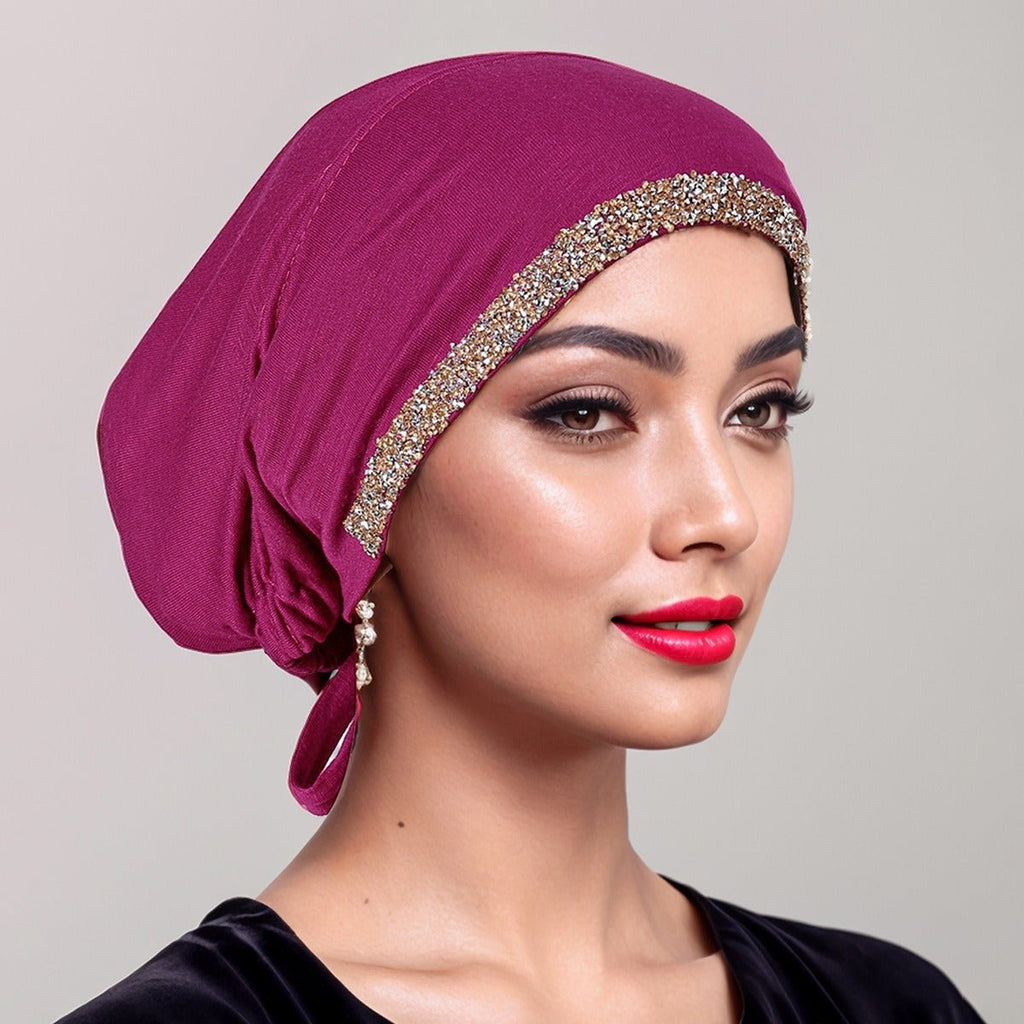 Luxury Mercerized Cotton Hijab Cap Crystal-Embellished Elastic Lace-Up Undercap with Breathable Design (MH115)