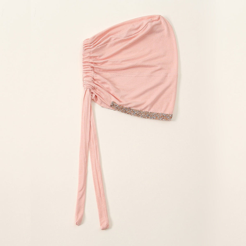 Luxury Mercerized Cotton Hijab Cap Crystal-Embellished Elastic Lace-Up Undercap with Breathable Design (MH115)
