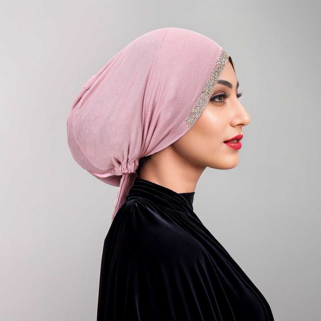 Luxury Mercerized Cotton Hijab Cap Crystal-Embellished Elastic Lace-Up Undercap with Breathable Design (MH115)