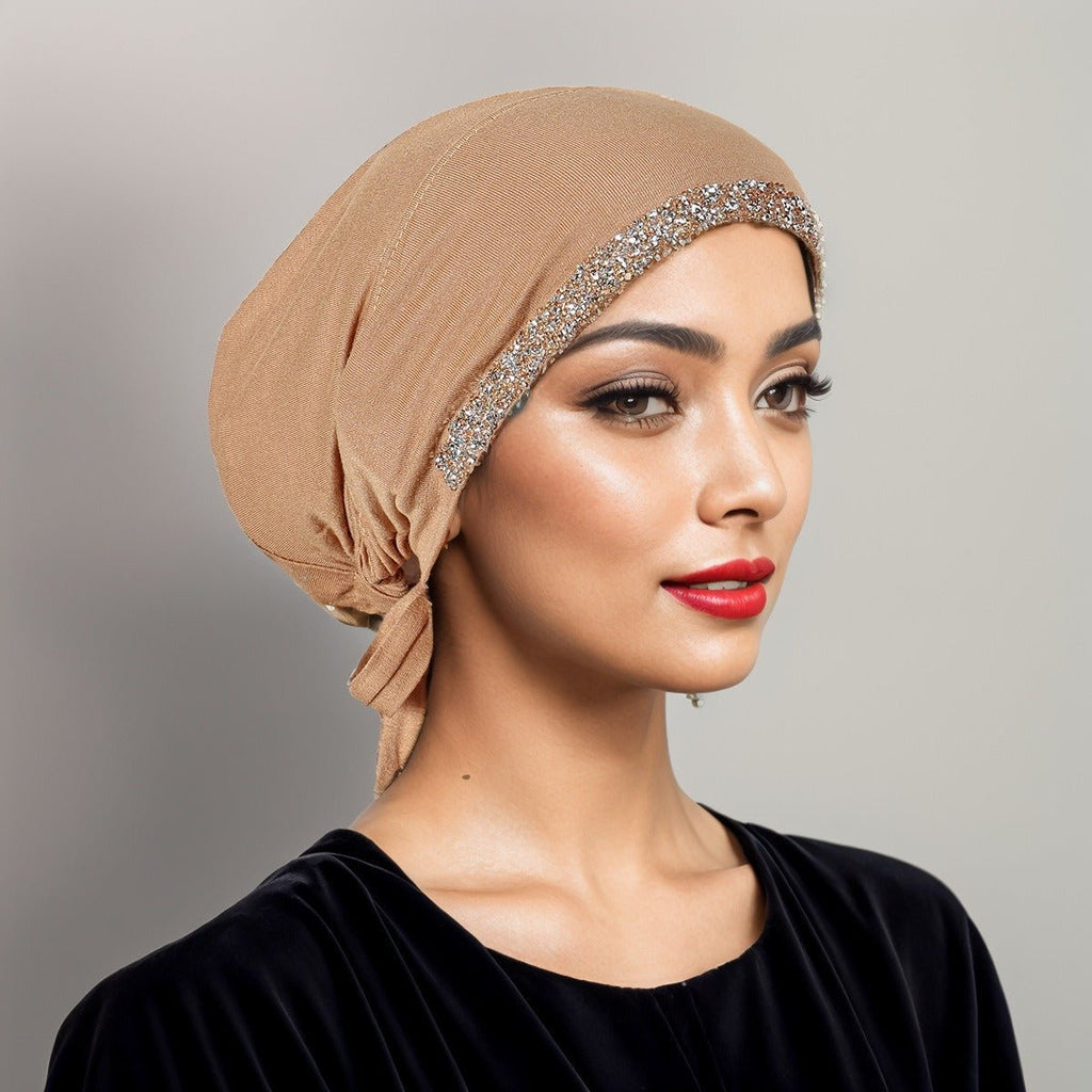 Luxury Mercerized Cotton Hijab Cap Crystal-Embellished Elastic Lace-Up Undercap with Breathable Design (MH115)