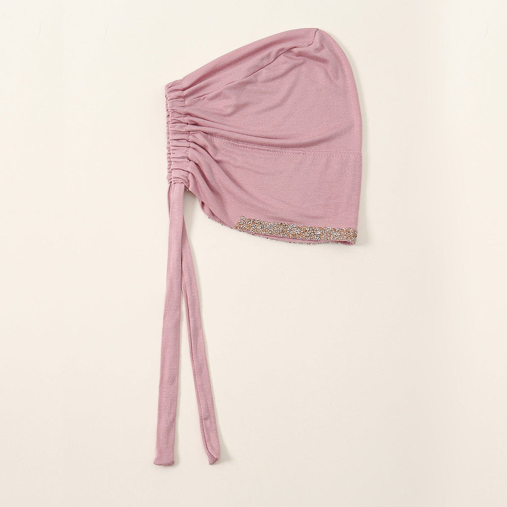 Luxury Mercerized Cotton Hijab Cap Crystal-Embellished Elastic Lace-Up Undercap with Breathable Design (MH115)