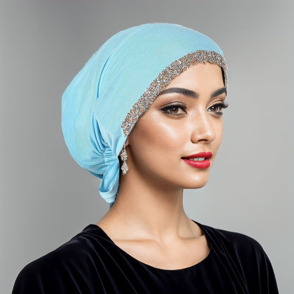 Luxury Mercerized Cotton Hijab Cap Crystal-Embellished Elastic Lace-Up Undercap with Breathable Design (MH115)