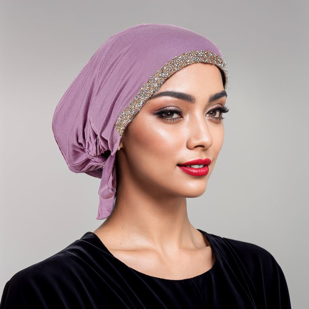 Luxury Mercerized Cotton Hijab Cap Crystal-Embellished Elastic Lace-Up Undercap with Breathable Design (MH115)