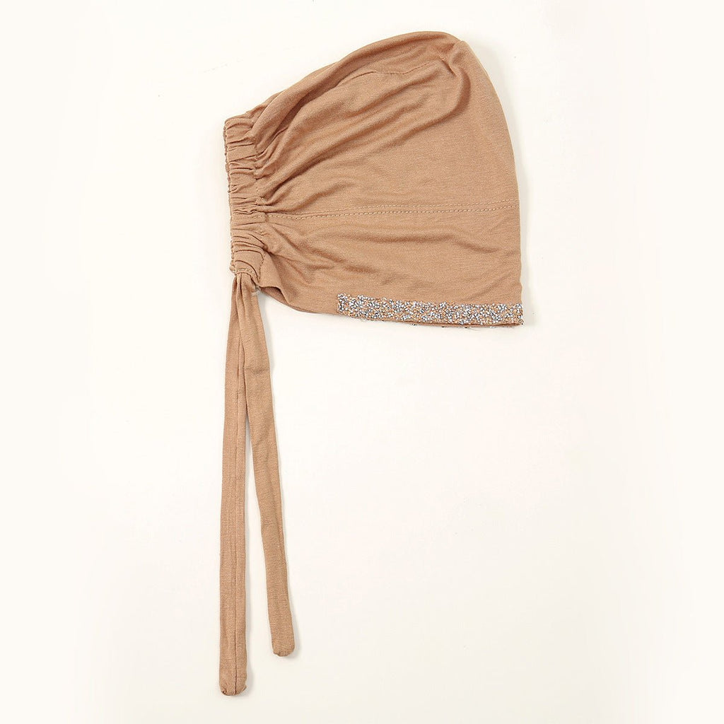 Luxury Mercerized Cotton Hijab Cap Crystal-Embellished Elastic Lace-Up Undercap with Breathable Design (MH115)