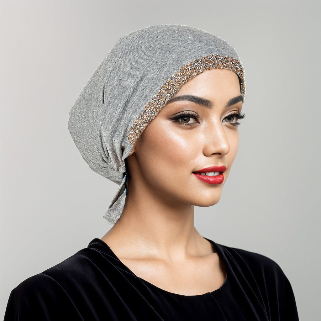 Luxury Mercerized Cotton Hijab Cap Crystal-Embellished Elastic Lace-Up Undercap with Breathable Design (MH115)