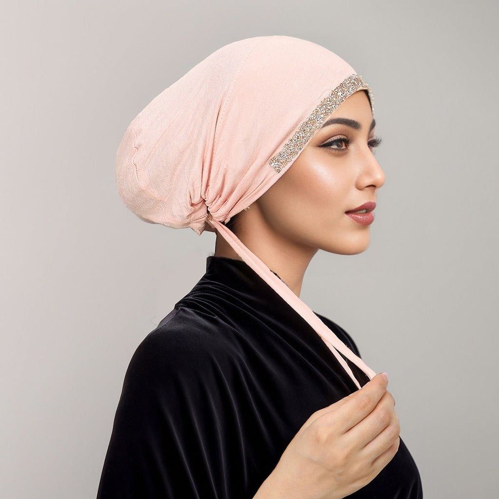 Luxury Mercerized Cotton Hijab Cap Crystal-Embellished Elastic Lace-Up Undercap with Breathable Design (MH115)
