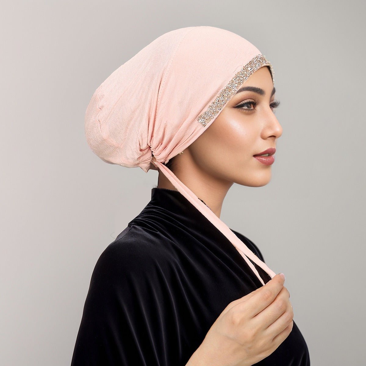 Luxury Mercerized Cotton Hijab Cap Crystal-Embellished Elastic Lace-Up Undercap with Breathable Design (MH115)