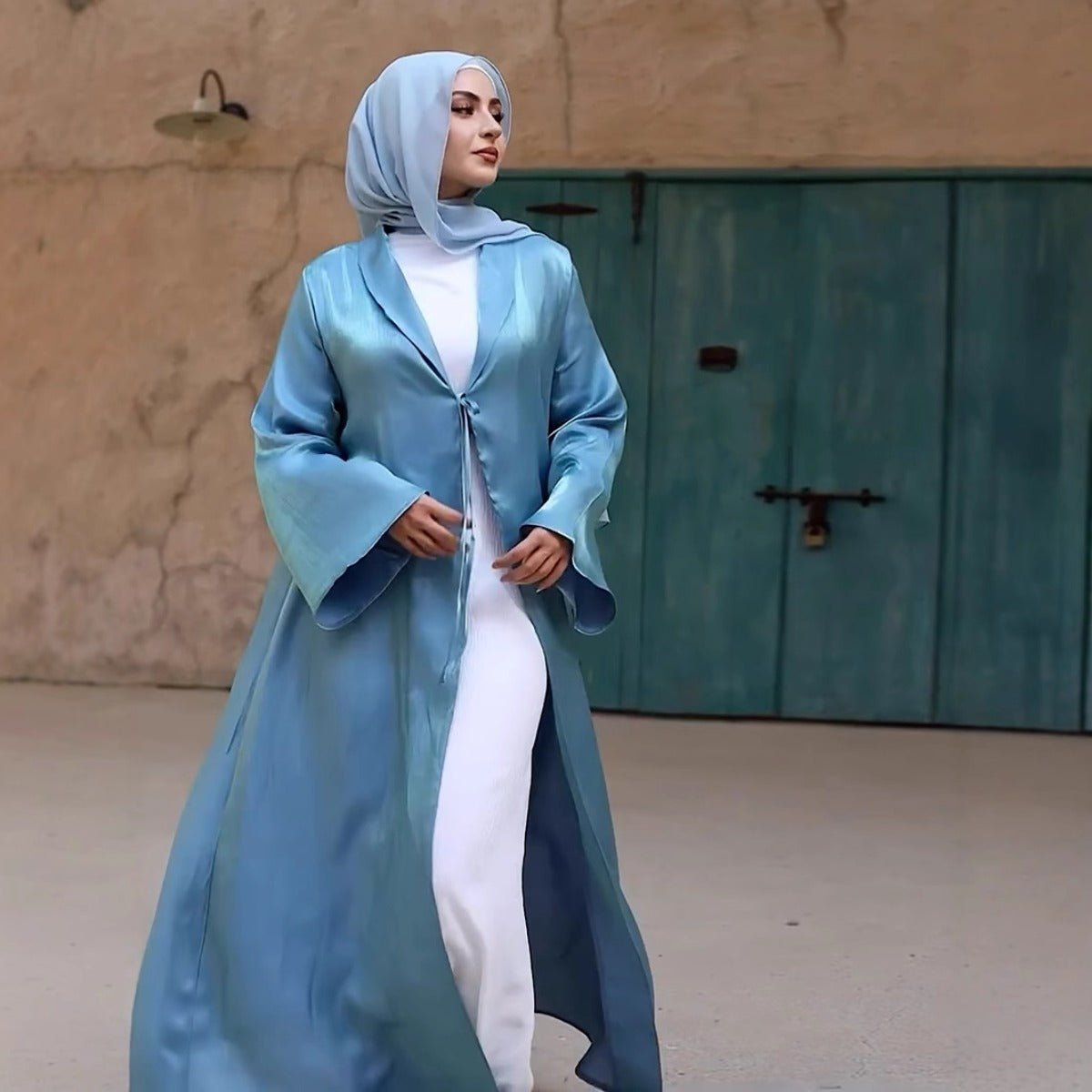 Desert Mirage Cardigan Abaya | Blue-Green Ombre Silk Abaya with Bell Sleeves (MOA204)