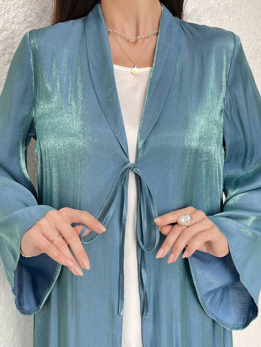 Desert Mirage Cardigan Abaya | Blue-Green Ombre Silk Abaya with Bell Sleeves (MOA204)