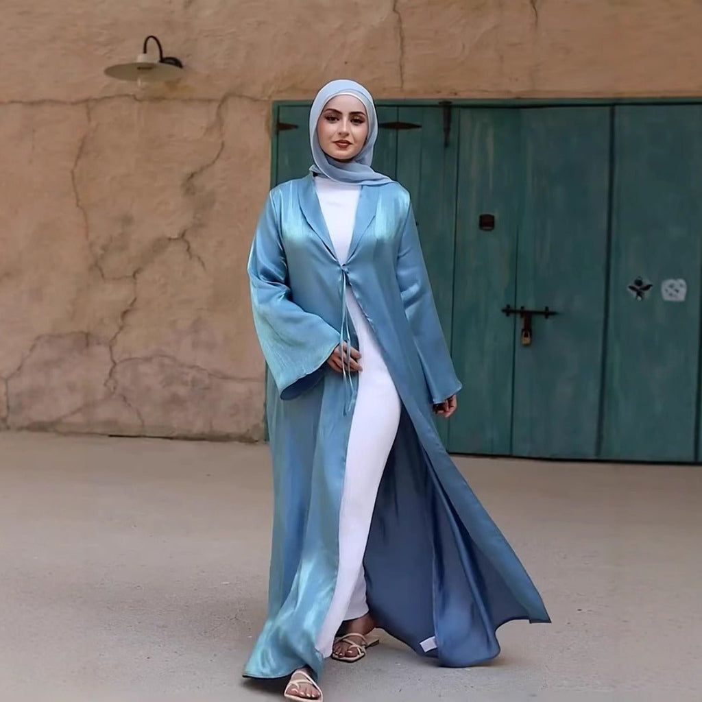 Desert Mirage Cardigan Abaya | Blue-Green Ombre Silk Abaya with Bell Sleeves (MOA204)