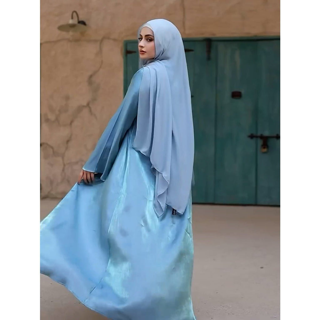 Desert Mirage Cardigan Abaya | Blue-Green Ombre Silk Abaya with Bell Sleeves (MOA204)