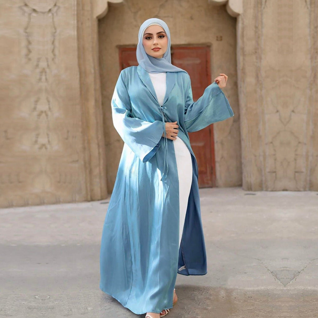 Desert Mirage Cardigan Abaya | Blue-Green Ombre Silk Abaya with Bell Sleeves (MOA204)