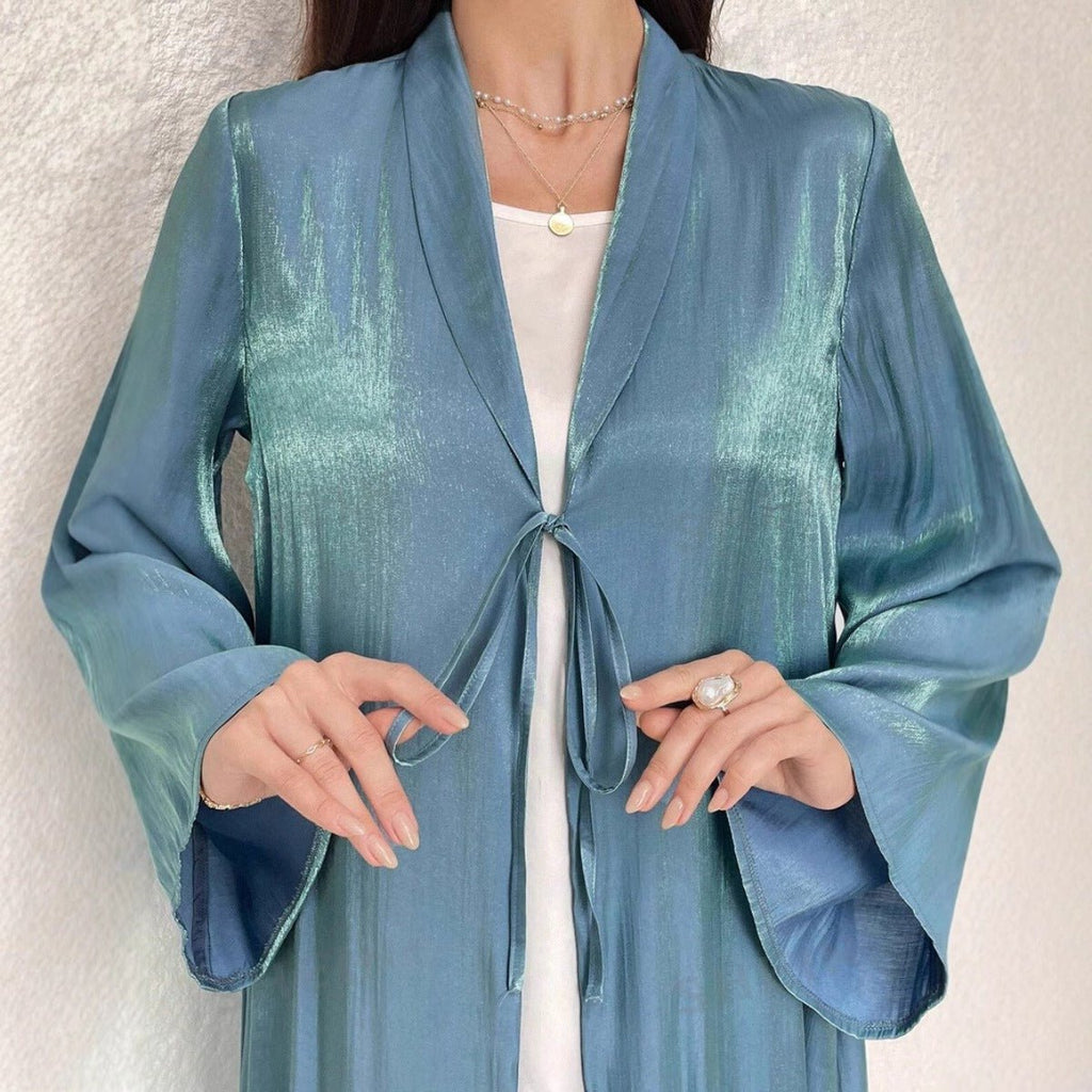 Desert Mirage Cardigan Abaya | Blue-Green Ombre Silk Abaya with Bell Sleeves (MOA204)