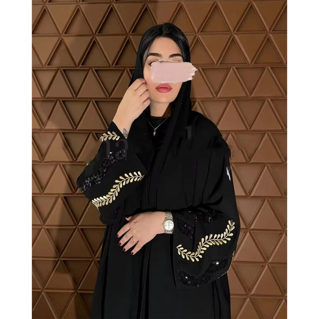 Luxury Muslim Golden Olive Abaya | Black Embroidered & Beaded Robe (MOA180)