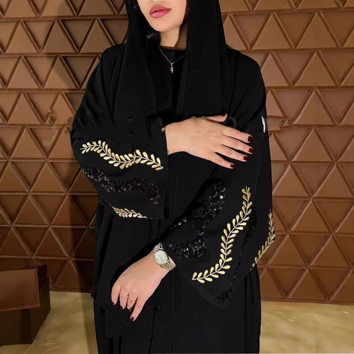 Luxury Muslim Golden Olive Abaya | Black Embroidered & Beaded Robe (MOA180)