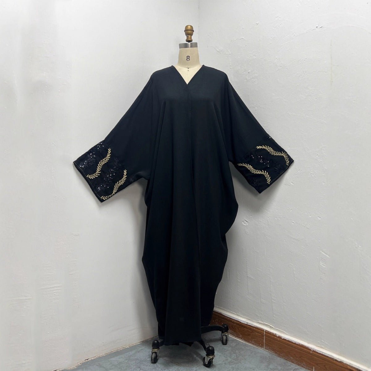 Luxury Muslim Golden Olive Abaya | Black Embroidered & Beaded Robe (MOA180)