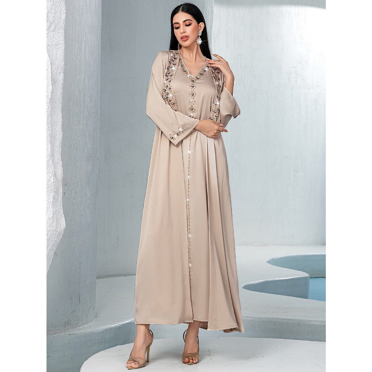 Luxury Muslim Kaftan Set Evening Wear | Beige Hand-Sewn Diamond Two-Piece Dress with Bell Sleeves(MOA202)
