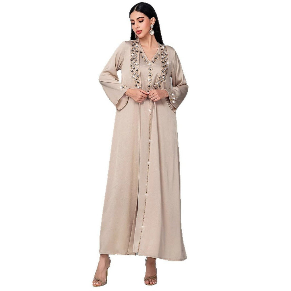 Luxury Muslim Kaftan Set Evening Wear | Beige Hand-Sewn Diamond Two-Piece Dress with Bell Sleeves(MOA202)