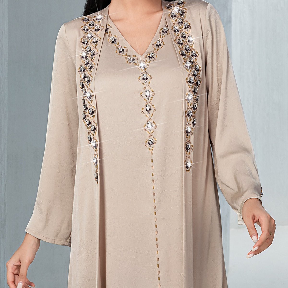 Luxury Muslim Kaftan Set Evening Wear | Beige Hand-Sewn Diamond Two-Piece Dress with Bell Sleeves(MOA202)