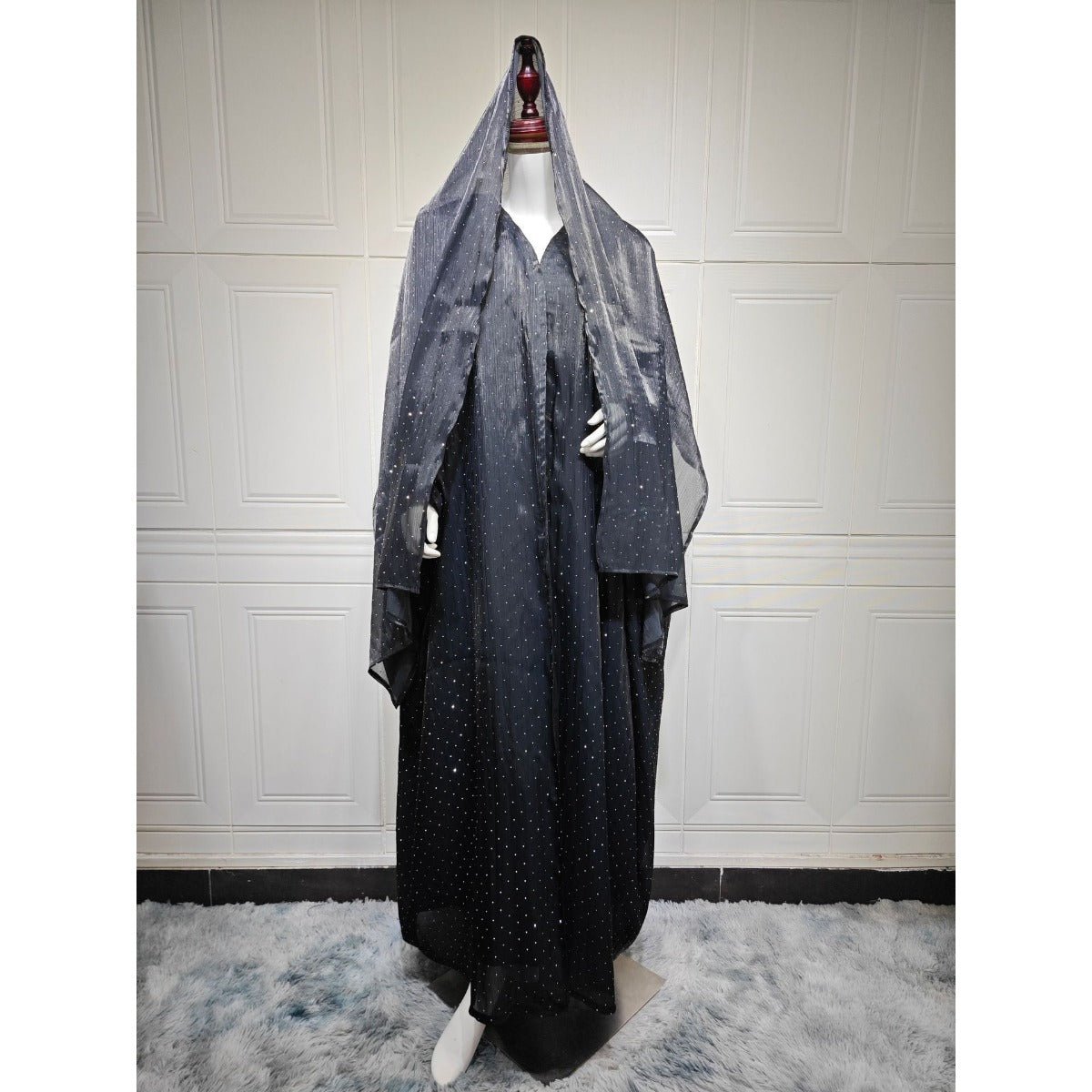 Luxury Muslim Starlight Evening Wear Abaya Set | Midnight Blue Diamond-Embellished Robe Jacket with Matching Hijab(MOA201)