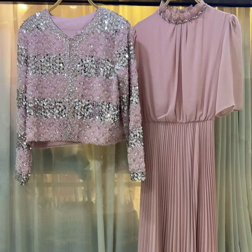Luxury Pearl Beaded Diamond Grid Jacket & Pleated Dress Set(MS403)