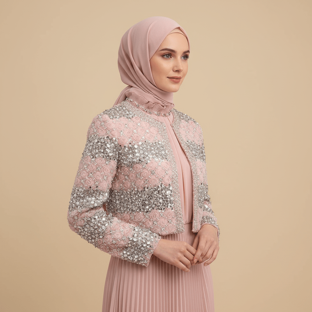 Luxury Pearl Beaded Diamond Grid Jacket & Pleated Dress Set(MS403)