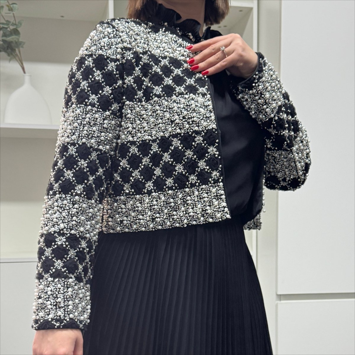 Luxury Pearl Beaded Diamond Grid Jacket & Pleated Dress Set(MS403)