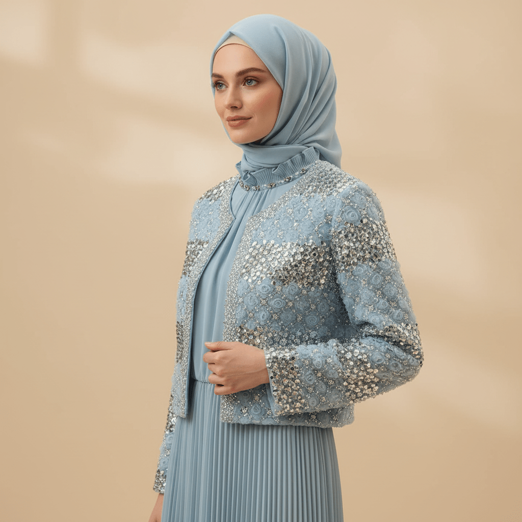 Luxury Pearl Beaded Diamond Grid Jacket & Pleated Dress Set(MS403)