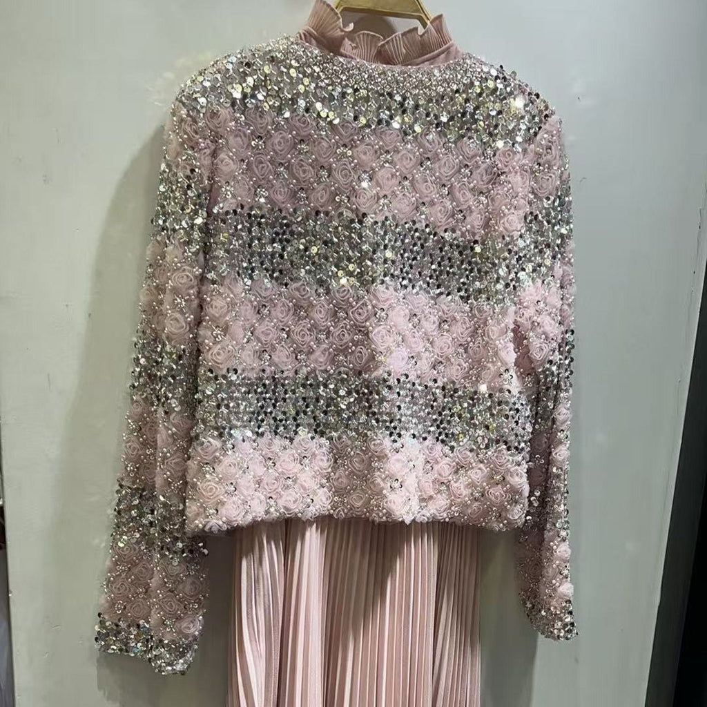 Luxury Pearl Beaded Diamond Grid Jacket & Pleated Dress Set(MS403)
