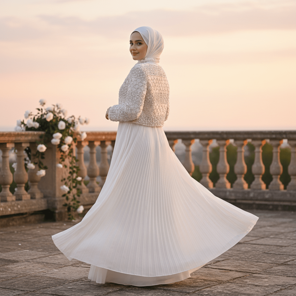 Luxury Pearl Beaded Diamond Grid Jacket & Pleated Dress Set(MS403)