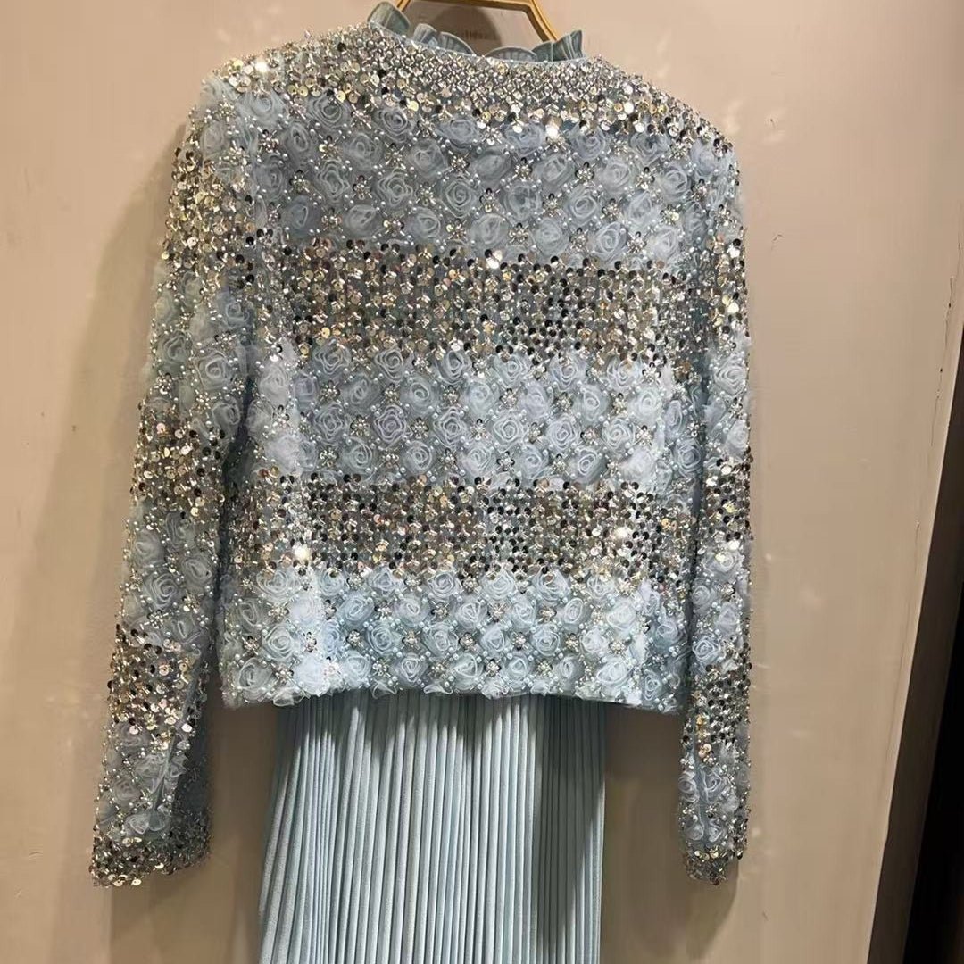 Luxury Pearl Beaded Diamond Grid Jacket & Pleated Dress Set(MS403)