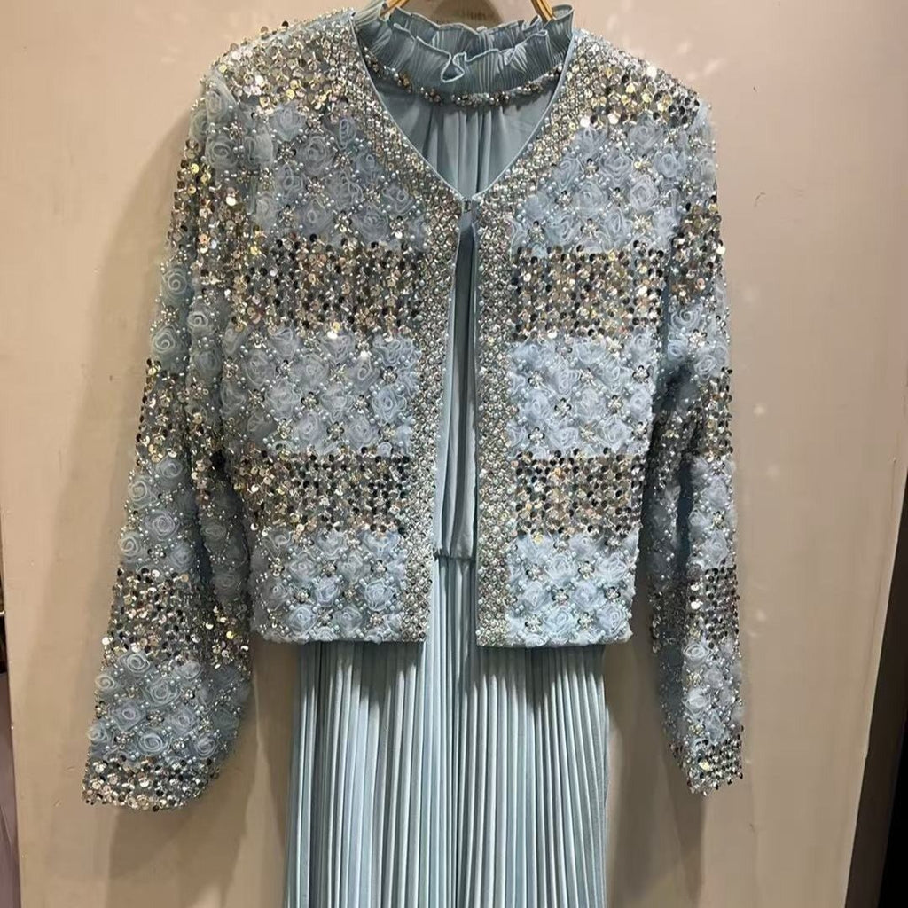 Luxury Pearl Beaded Diamond Grid Jacket & Pleated Dress Set(MS403)