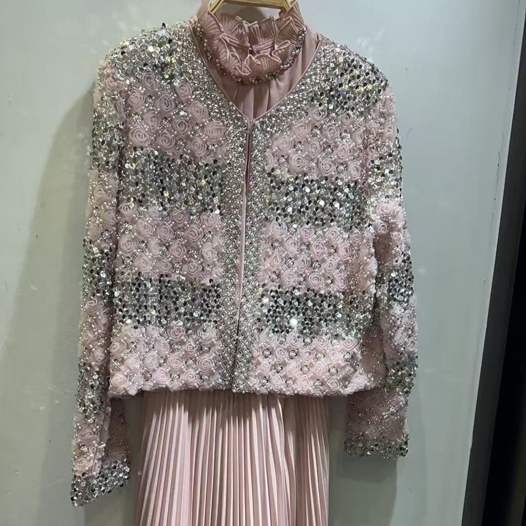 Luxury Pearl Beaded Diamond Grid Jacket & Pleated Dress Set(MS403)