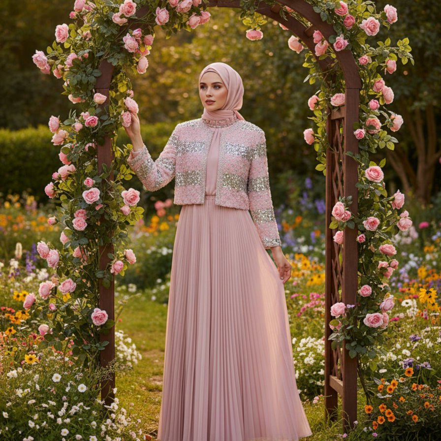 Luxury Pearl Beaded Diamond Grid Jacket & Pleated Dress Set(MS403)