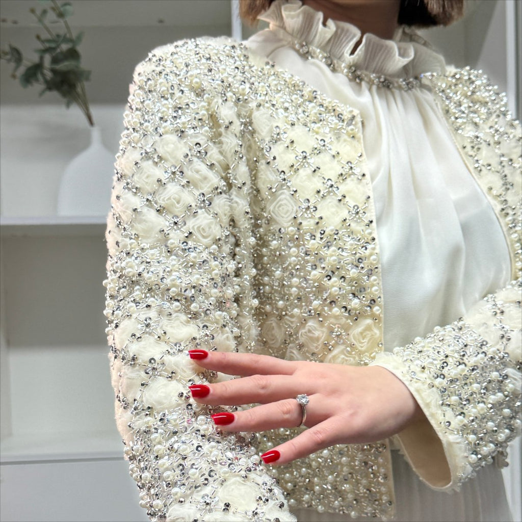 Luxury Pearl Beaded Diamond Grid Jacket & Pleated Dress Set(MS403)
