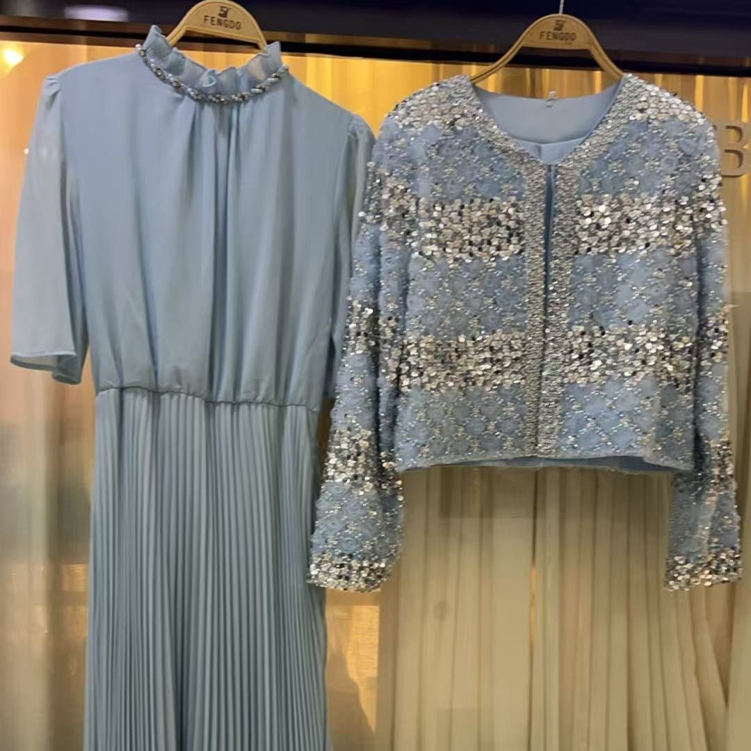 Luxury Pearl Beaded Diamond Grid Jacket & Pleated Dress Set(MS403)