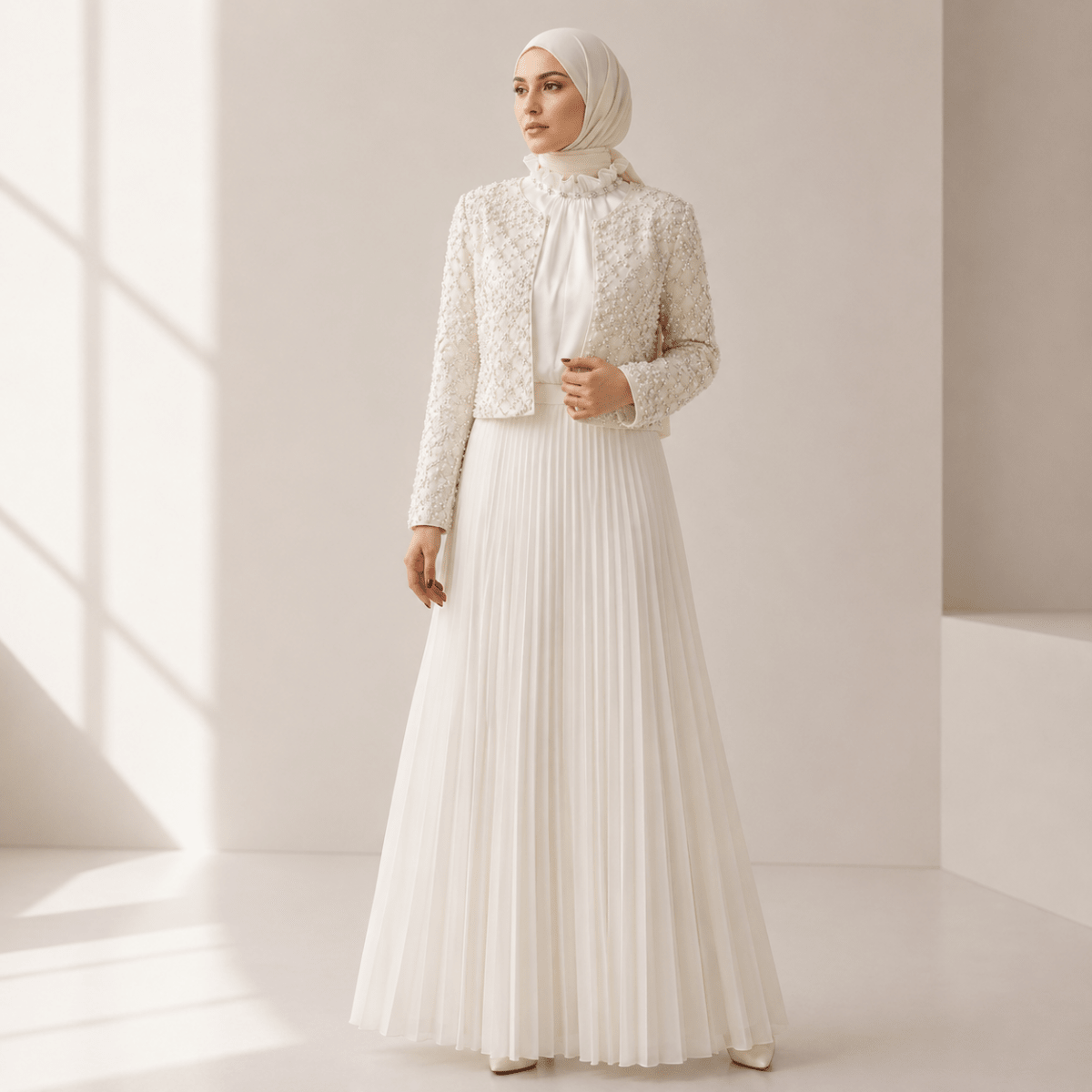 Luxury Pearl Beaded Diamond Grid Jacket & Pleated Dress Set(MS403)
