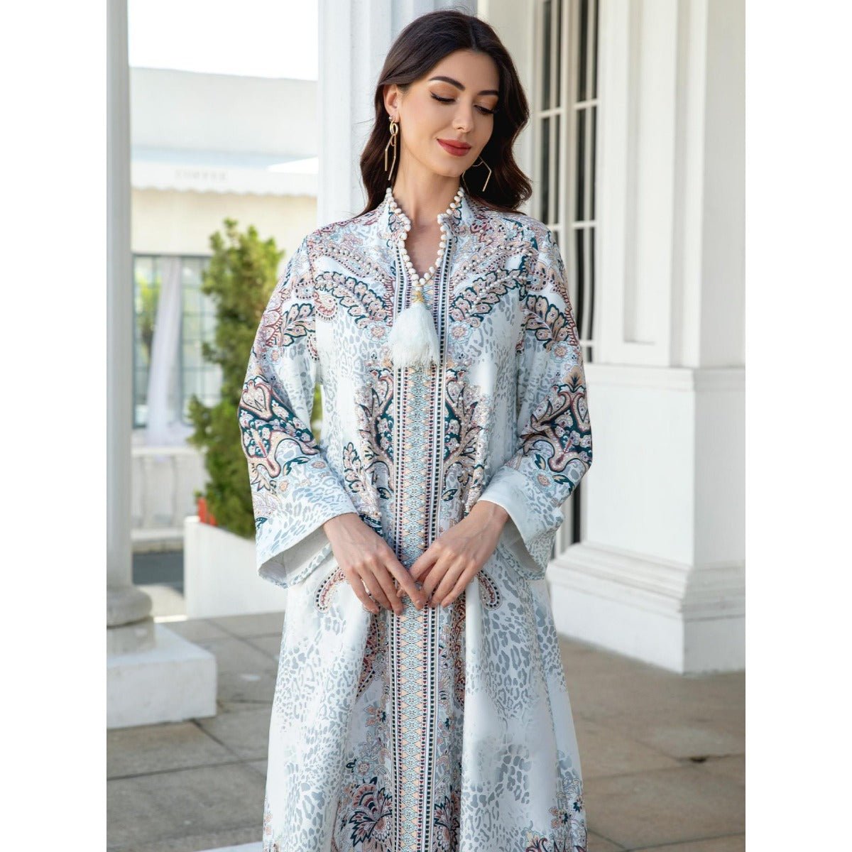 Luxury Pearl-Embellished Floral Beaded Muslim Robe Abaya with Bell Sleeves & Tassel Details (MA229)