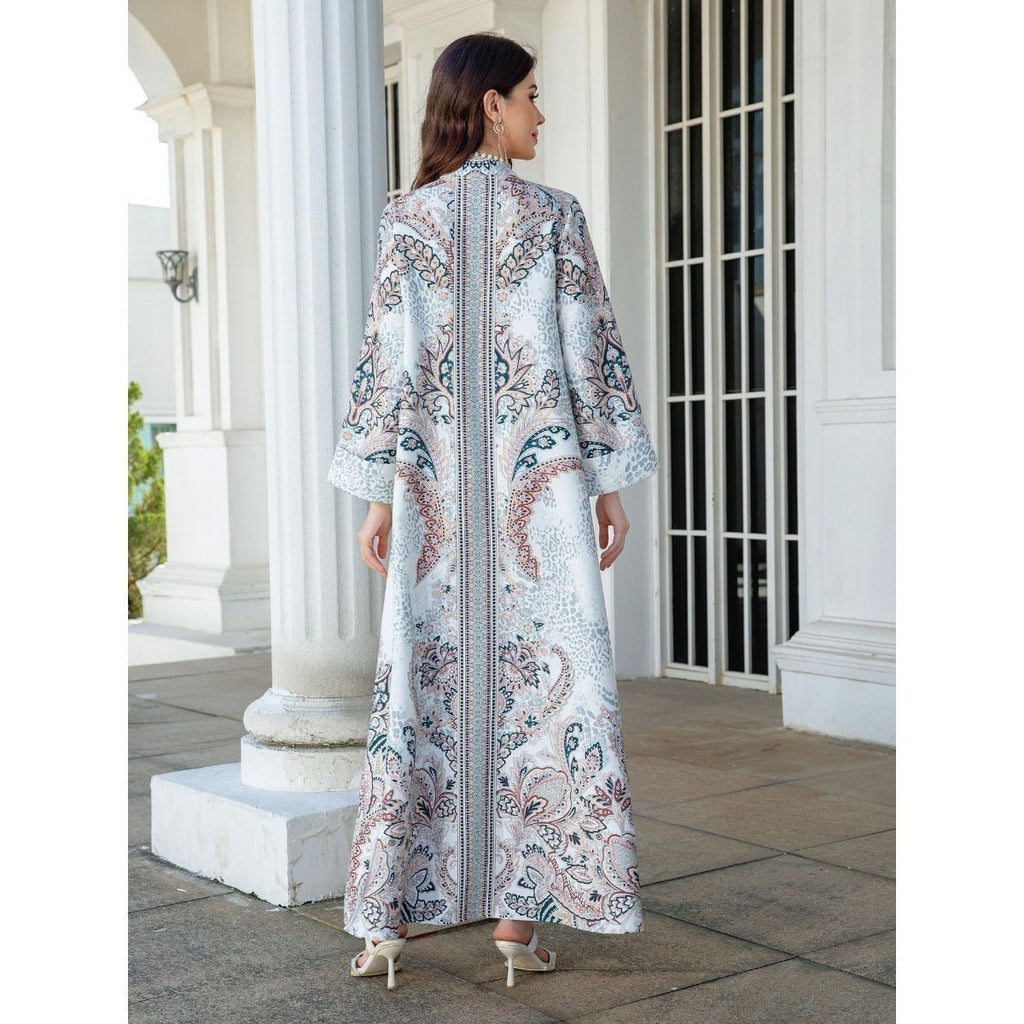 Luxury Pearl-Embellished Floral Beaded Muslim Robe Abaya with Bell Sleeves & Tassel Details (MA229)