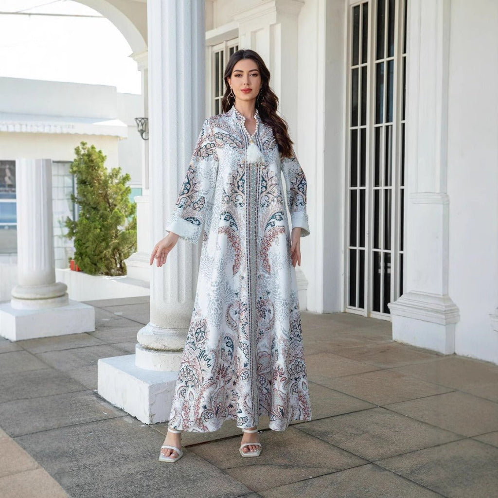Luxury Pearl-Embellished Floral Beaded Muslim Robe Abaya with Bell Sleeves & Tassel Details (MA229)