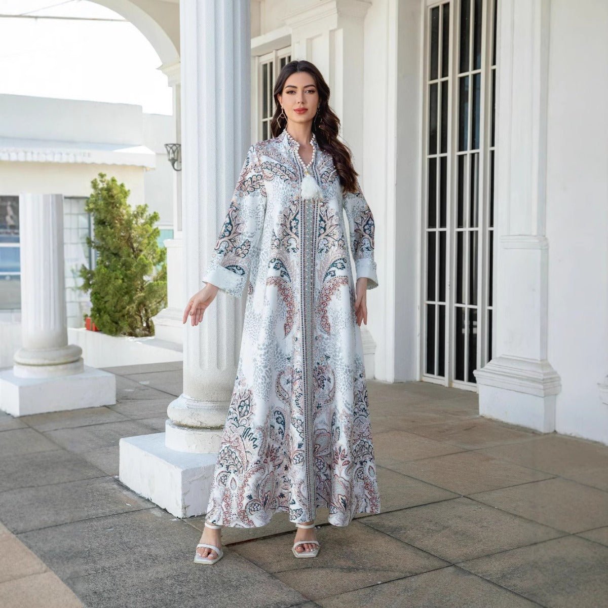 Luxury Pearl-Embellished Floral Beaded Muslim Robe Abaya with Bell Sleeves & Tassel Details (MA229)