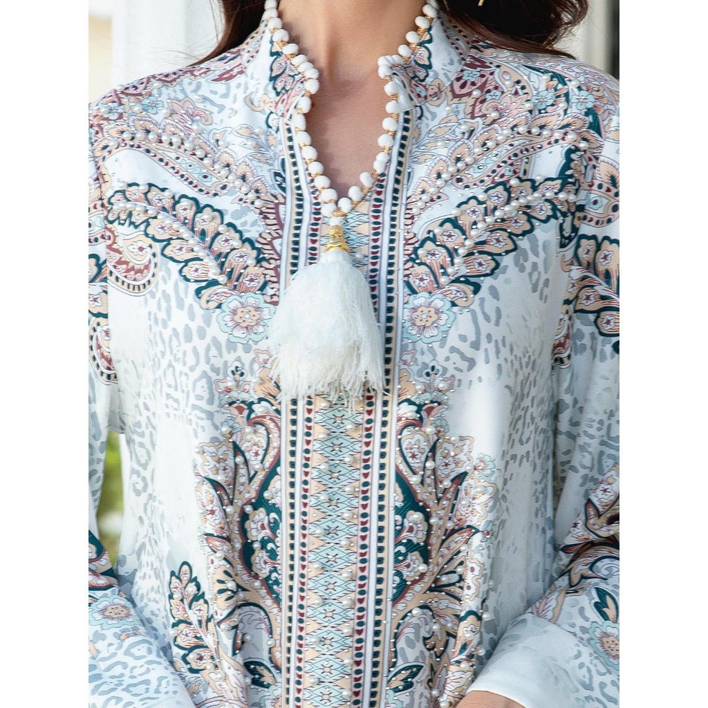 Luxury Pearl-Embellished Floral Beaded Muslim Robe Abaya with Bell Sleeves & Tassel Details (MA229)
