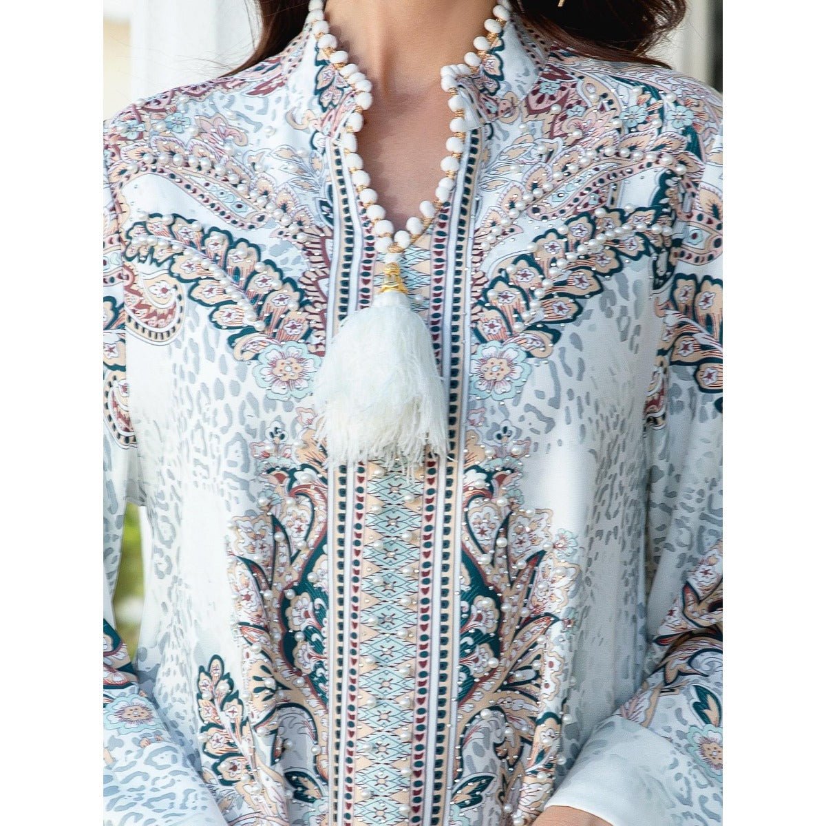 Luxury Pearl-Embellished Floral Beaded Muslim Robe Abaya with Bell Sleeves & Tassel Details (MA229)