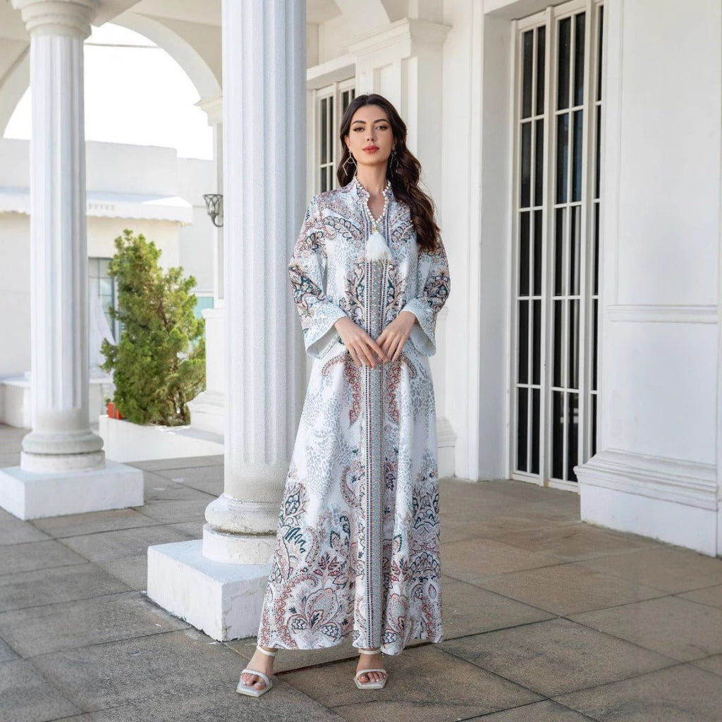 Luxury Pearl-Embellished Floral Beaded Muslim Robe Abaya with Bell Sleeves & Tassel Details (MA229)