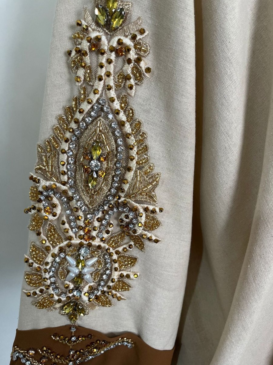 Luxury Rust Bead Muslim Wedding & Party Khaki Gold Embroidered Contrast Jacket Abaya(MOA158)