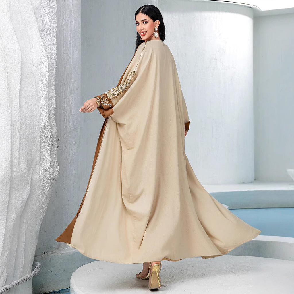 Luxury Rust Bead Muslim Wedding & Party Khaki Gold Embroidered Contrast Jacket Abaya(MOA158)