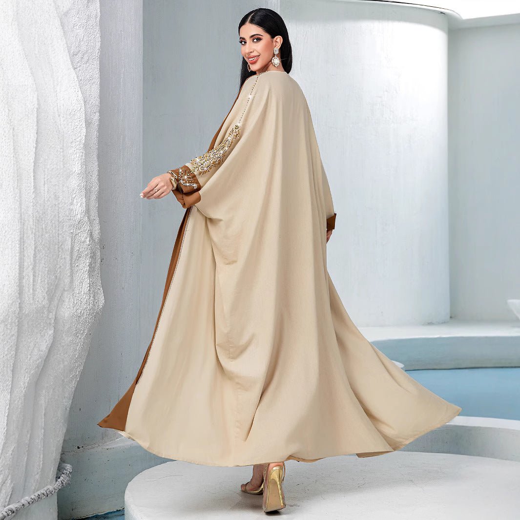Luxury Rust Bead Muslim Wedding & Party Khaki Gold Embroidered Contrast Jacket Abaya(MOA158)