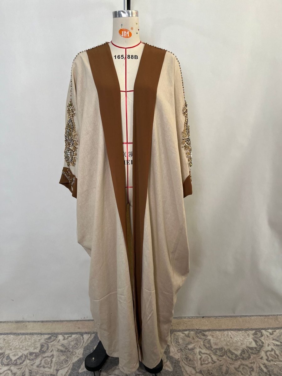 Luxury Rust Bead Muslim Wedding & Party Khaki Gold Embroidered Contrast Jacket Abaya(MOA158)