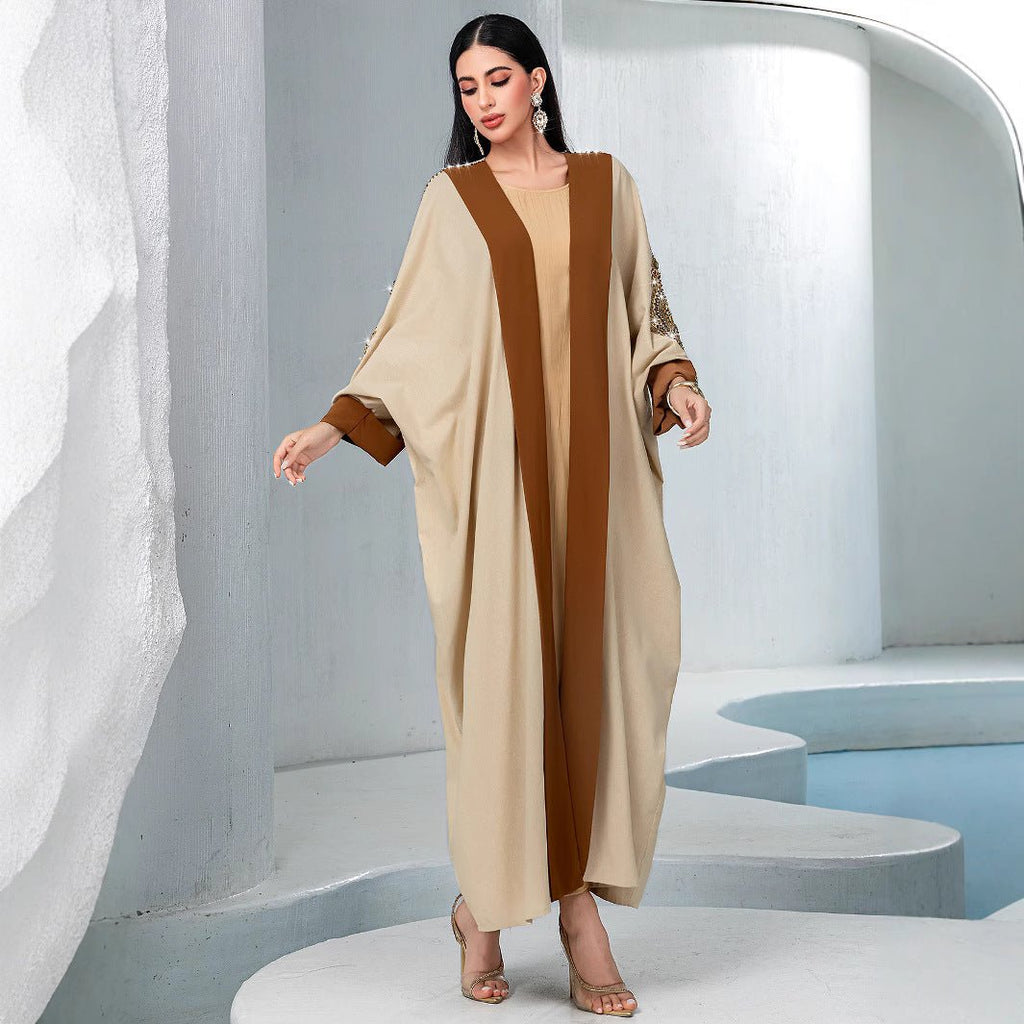 Luxury Rust Bead Muslim Wedding & Party Khaki Gold Embroidered Contrast Jacket Abaya(MOA158)